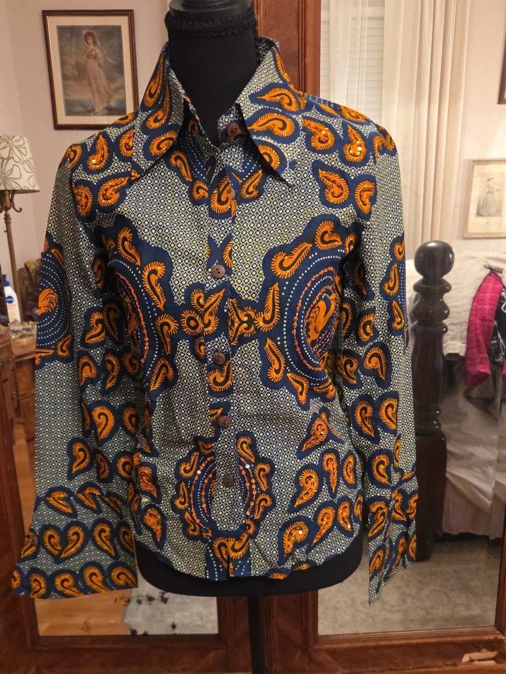 Taxxi Navy and Orange Rooster Paisley Button-Up Blouse